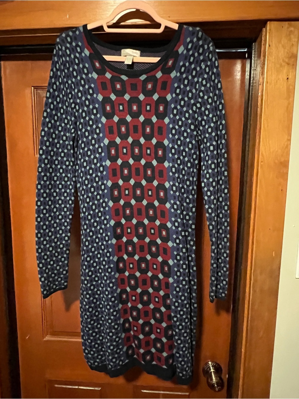 Navy Long Sleeve Geometric Knit Dress with Burgundy Panel